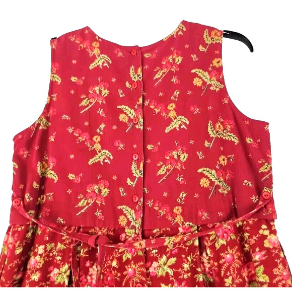 Vintage April Cornell ~Woman Size L~ Red Floral Corduroy Sleeveless Dress Pocket - Picture 5 of 9